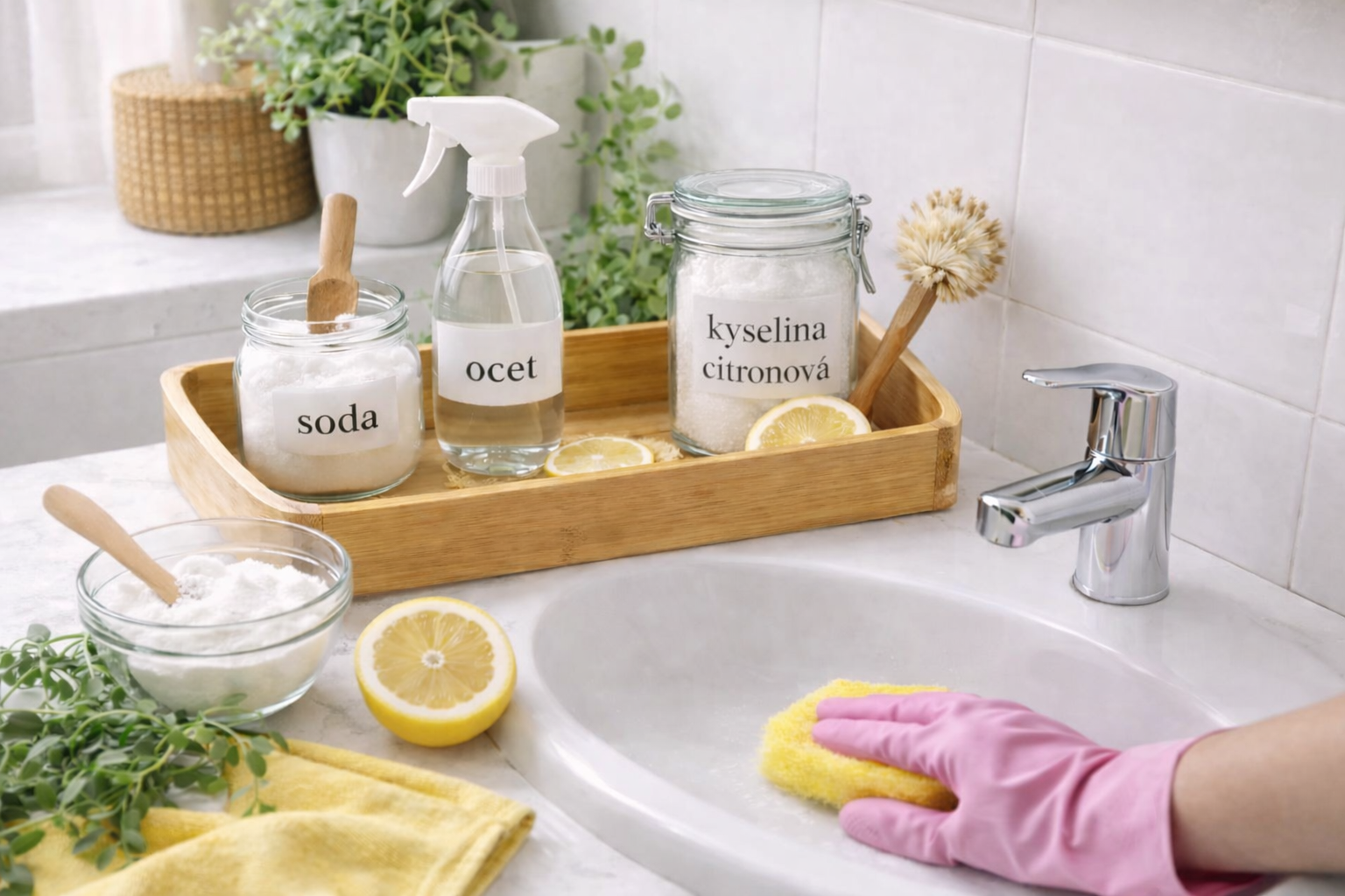 Čištění koupelnového umyvadla pomocí přírodních prostředků – soda, ocet a kyselina citronová ve sklenicích, citron a houbička.